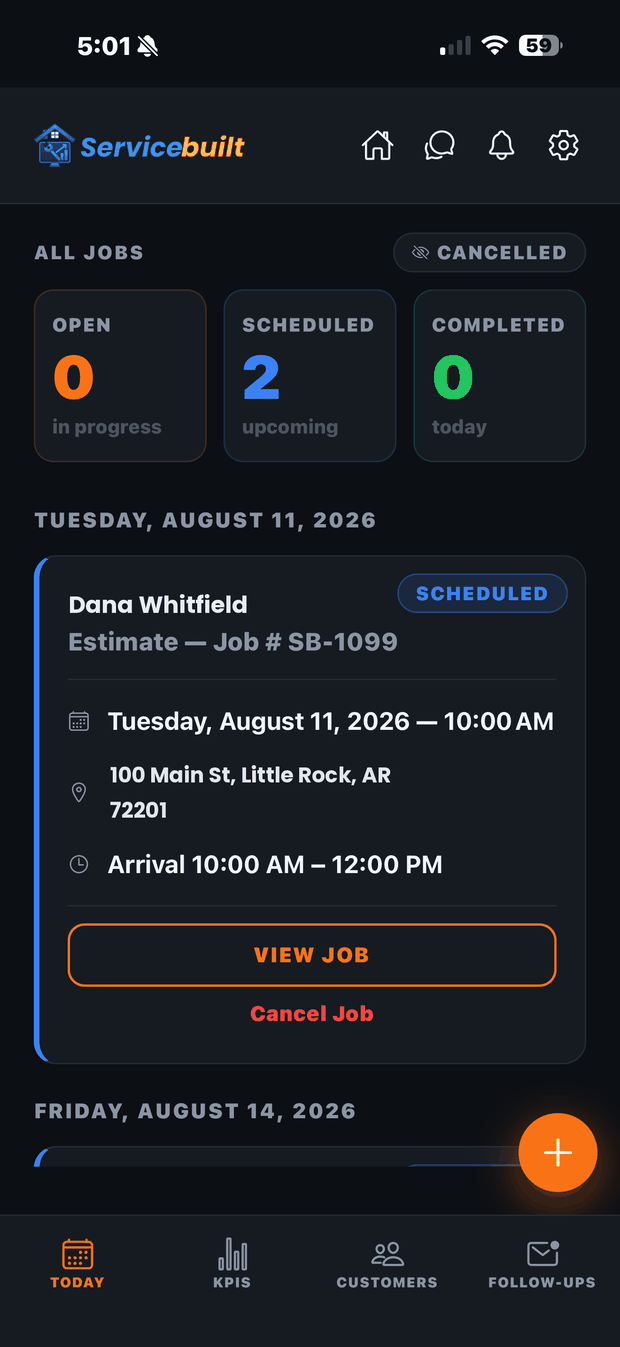 The ServiceBuilt field app on a phone, showing a technician's scheduled jobs for the day.